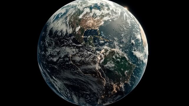 Static wide angle shot: The Earth is seen from space, half illuminated by sunlight, with city lights visible on the night side.