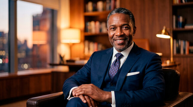 Successful African American businessman smiling in a modern office with city view at dusk