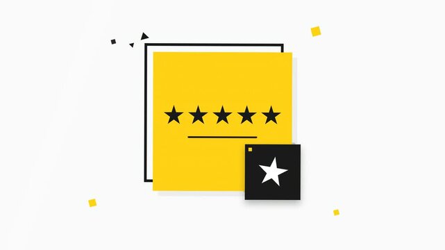 Animated Five Star Customer Rating Review on Yellow Background with Black Stars for Business Feedback and Satisfaction