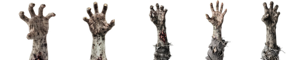 Set of 5 scary zombie hands isolated on white background, creepy undead monster hands reaching up with decayed skin and bloody wounds, classic horror element bundle for Halloween theme design © fip3