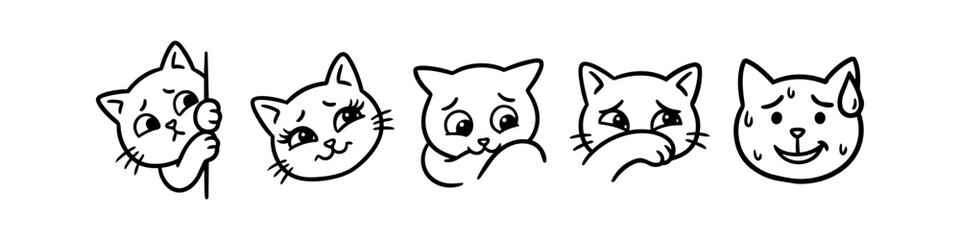 Cute minimalist cat emoji heads with various facial expressions: peeking, flirting, sad, giggling, and sweating. Hand-drawn black line art stickers for social media and creative designs.