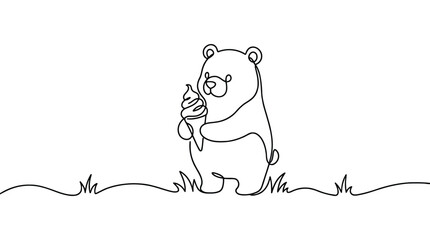 Continuous line drawing of a cute bear eating ice cream