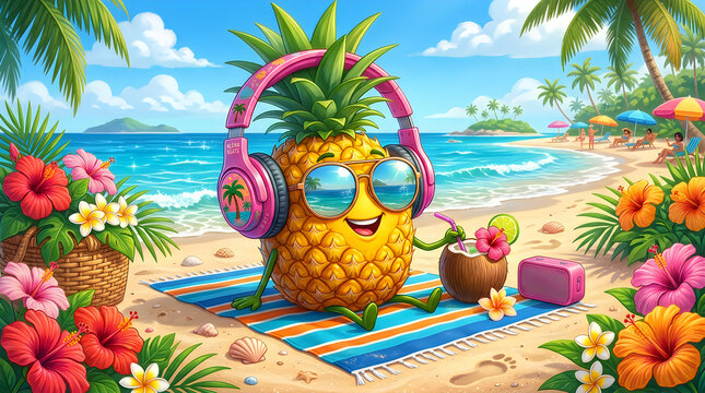 Happy pineapple with headphones relaxing on a tropical beach