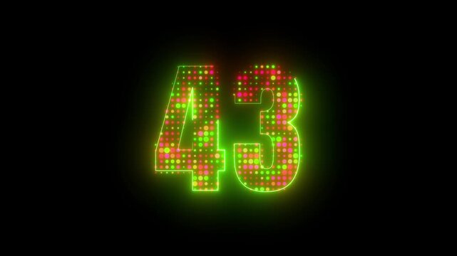 Bright neon green number 43 typography loop featuring glowing contour frame and pulsing disco led dot grid matrix 4k video