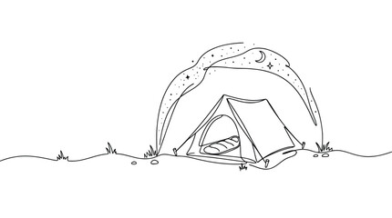 Continuous line drawing of a camping tent under the night sky © Master_BG