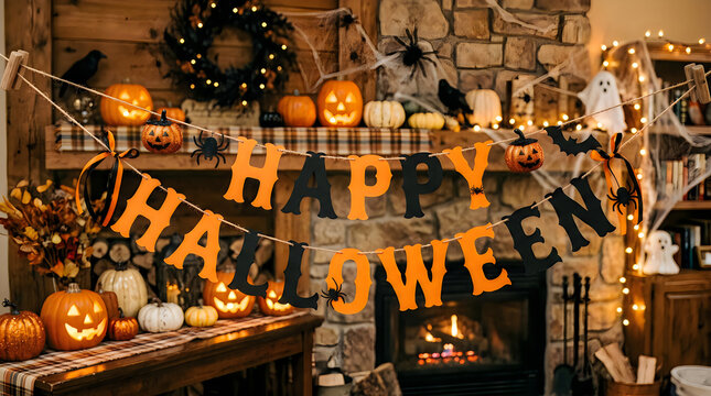 Happy halloween banner hanging in a cozy decorated room