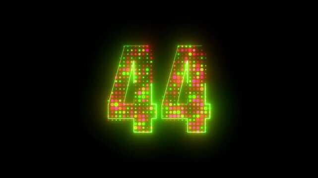Radiant green neon outlined number 44 filled with animated colorful led halftone dot matrix lights on black backdrop 4k video