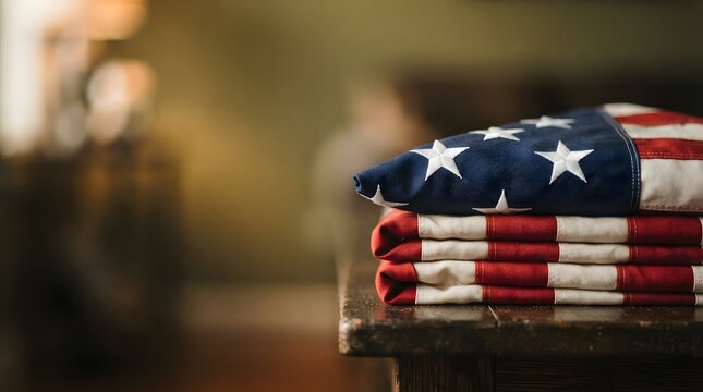 A folded american flag resting on a table during a solemn military funeral or memorial service ceremony