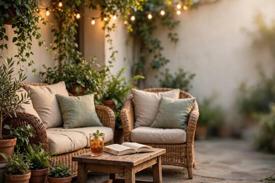 Cozy Outdoor Patio with Wicker Furniture and String Lights