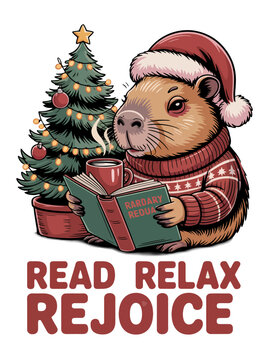 A cheerful capybara wears a Santa hat and cozy sweater, enjoying a book and hot beverage. Beside it stands a decorated Christmas tree.