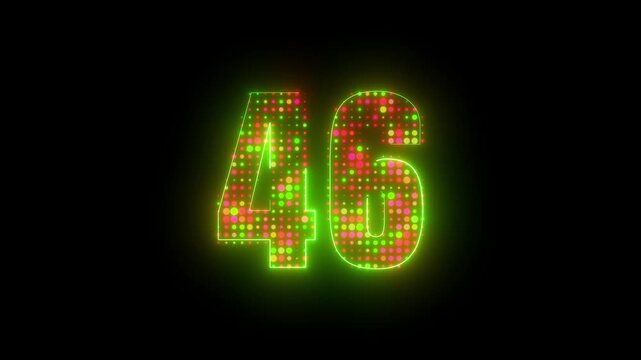 Electronic neon number 46 visual graphic with bright green border glow and flashing colorful led dot matrix light 4k video