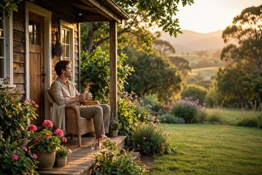Man Relaxing on Porch with Garden and Sunset