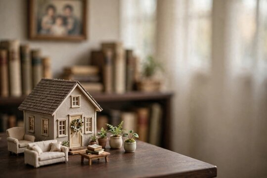 Miniature Dollhouse Scene with Furniture and Plants