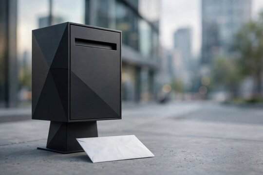 Modern Black Mailbox with Envelope on Urban Street