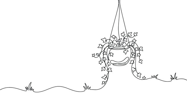 Continuous line drawing of a hanging plant in a pot