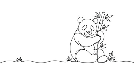 Continuous line drawing of a cute panda sitting and holding a bamboo stalk © Master_BG