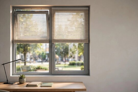 Modern Home Office Desk by Large Window with Blinds