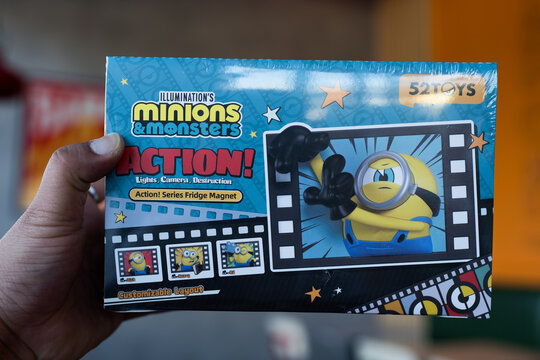 Bangkok, Thailand - July 30, 2026 : Set box of 52TOYS MINIONS and MONSTERS Action Series Fridge Magnet Blind Box Merch
