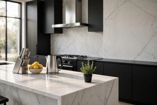 Modern Kitchen Island with Marble Counter Top and Cooking Essentials