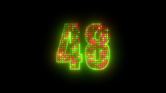 Glowing green contour number 48 featuring vivid multicolor led halftone dot matrix illumination in dark space 4k video