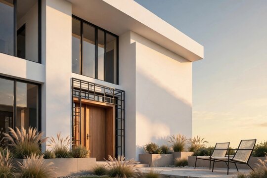 Modern white house with wooden door and outdoor seating