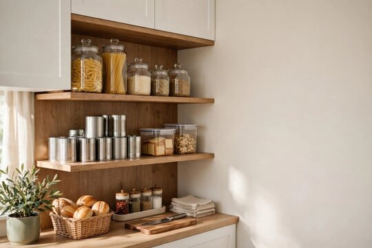 Organized Kitchen Pantry with Glass Jars and Baking Supplies