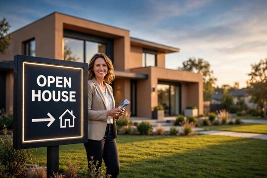 Real Estate Agent at Open House Sign in Front of Modern Home