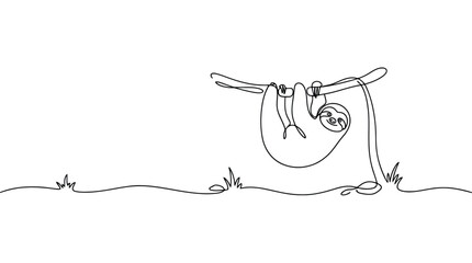 Fototapeta premium Continuous line drawing of a cute sloth hanging on a tree branch