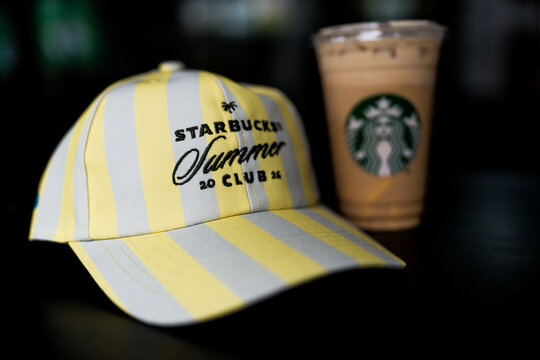 Bangkok, Thailand - July 30, 2026 : Starbucks Summer Cap limited edition promotional paired totaling 550 Baht or more per receipt.