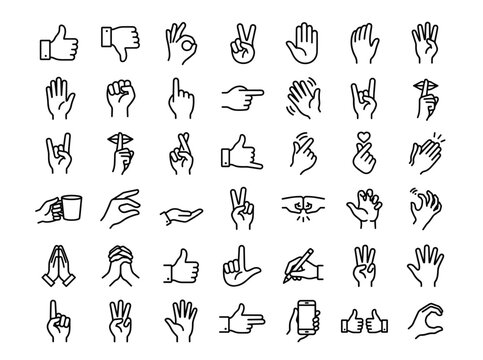Minimalist hand gestures line icon set, 42 black outline hand signs and finger symbols, modern communication vector icons for UI design