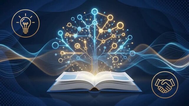 "Resource Center" text with open book and digital network tree concept on dark blue background