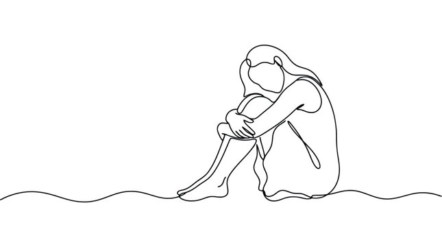 Continuous line drawing of a woman sitting and hugging her knees