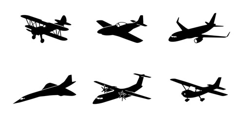 Aircraft Silhouettes Set: Vintage Biplane, Propeller Plane, Jetliner, Fighter Jet, Turboprop, Small Plane © Fahim