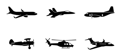Aircraft Silhouettes Collection: Jet Fighter, Airplane, Helicopter, Biplane, Private Jet © Fahim