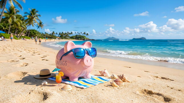 Pink piggy bank with sunglasses relaxing on a sunny beach