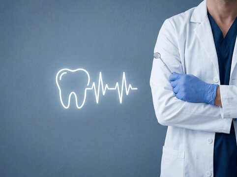 Dentist holding dental tool. Professional doctor with digital tooth health icon.