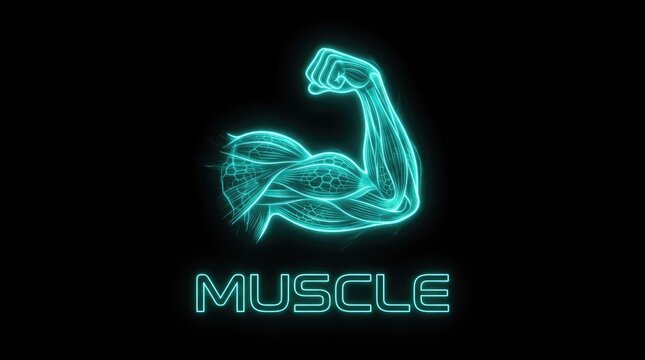 Futuristic neon arm flexing a bicep muscle. Glowing illustration for strength and fitness.
