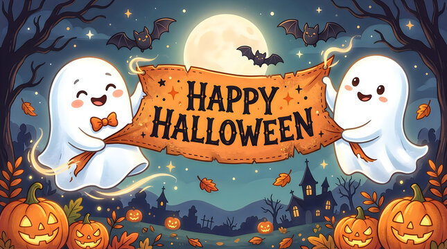 Cute cartoon ghosts holding a happy halloween banner