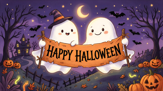 Two cute ghosts holding a happy halloween sign at night