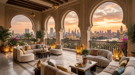 Obraz premium Luxury Arabian balcony lounge with city skyline and sunset