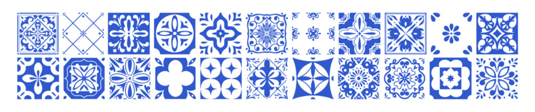 Traditional Portuguese ceramic tile set. Spanish or Portugal azulejo. Ornate blue patterns with flowers and abstract elements. Collage of ornaments. Flat isolated vector illustrations on white