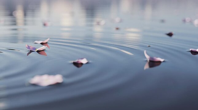 Zen Style Pink Flower Petals Floating on Calm Water Surface with Circular Ripples Creating Peaceful and Serene Atmosphere in Spring Nature Background