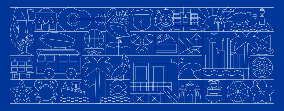 Florida Geometric Line Art Banner and Seamless Pattern with Art Deco Mosaic Vector Illustration