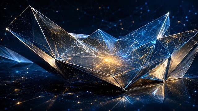 Futuristic Transparent Crystal Geometric Structure with Glowing Data Network  Premium Abstract Technology Background