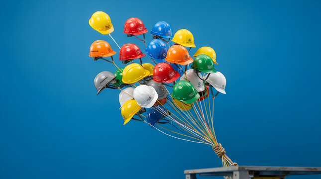 Colorful construction hard hats floating like balloons
