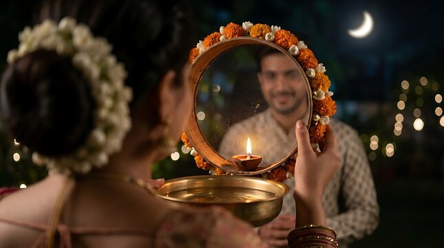 Indian woman looking at her husband through a decorated sieve during karwa chauth