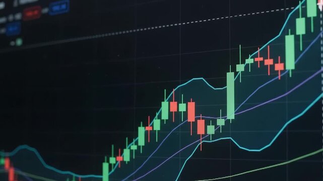 Dynamic Japanese candlestick chart with Bollinger Bands technical indicators and a mouse cursor on a dark screen. The video demonstrates an upward trend, price analysis