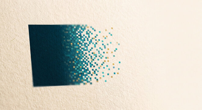 abstract pixel dispersion background with dark teal rectangle dissolving into particles