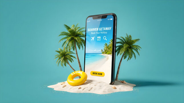 Smartphone with travel booking app on a small tropical island