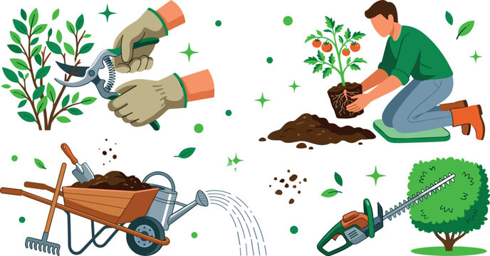 Gardening and Horticulture Vector Illustration Set with Male Character Planting Tomatoes Pruning Branches Trimming Bush with Electric Hedge Cutter and Wheelbarrow Elements